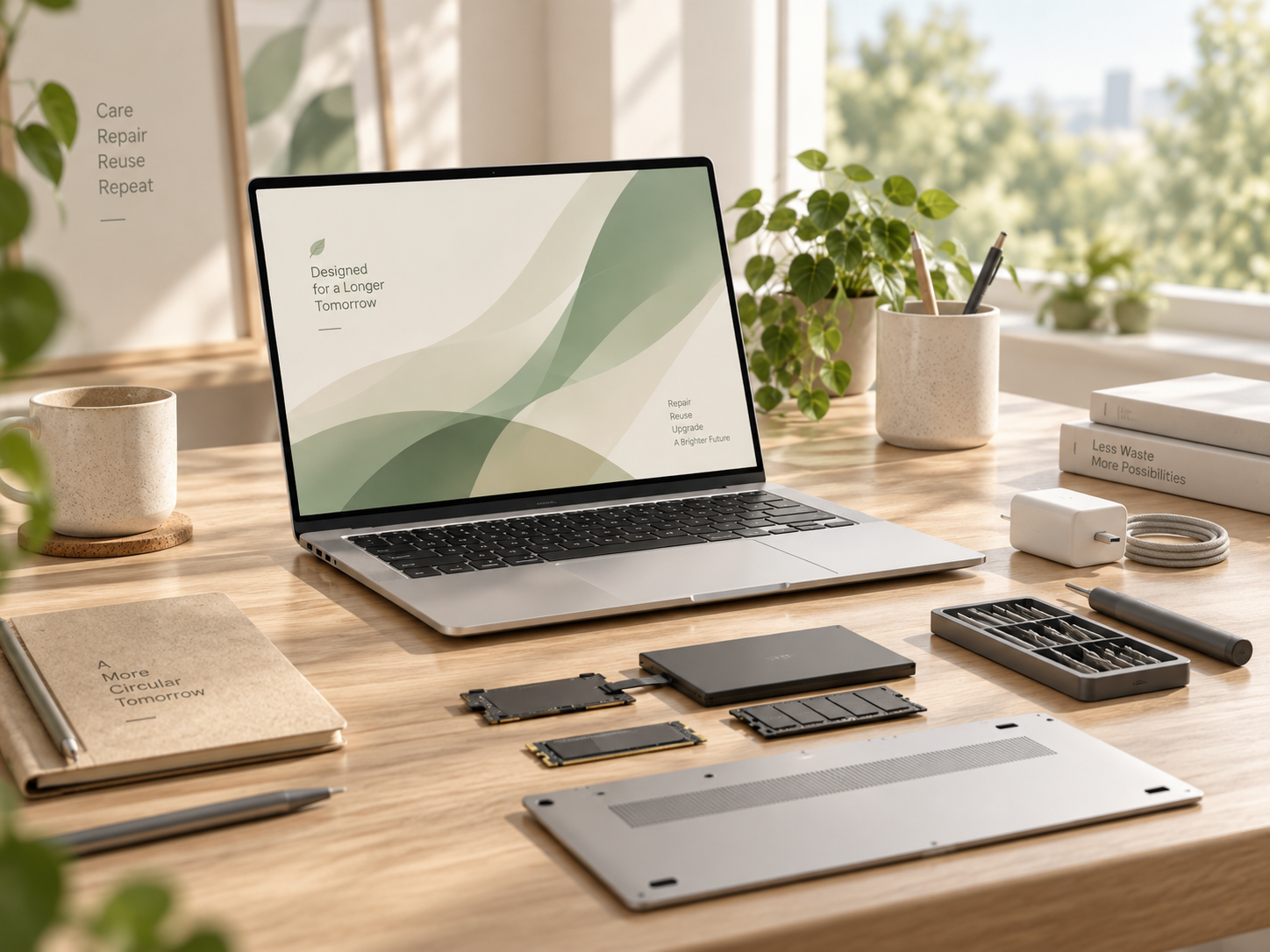 KI-generiertes Bild eines reparierbaren Laptops in heller Arbeitsumgebung
