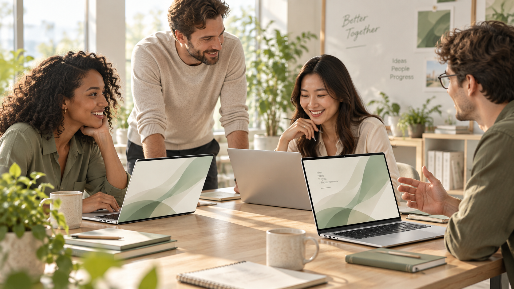 KI-generiertes Bild eines Teams, das mit Laptops zusammenarbeitet