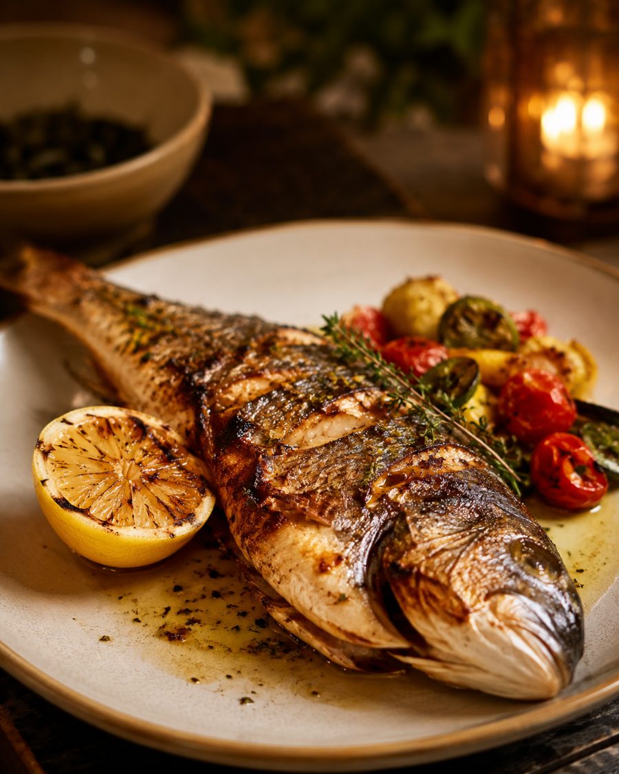 Branzino vom Grill — ganzer Wolfsbarsch mit Zitrone, Tomaten und Kartoffeln
