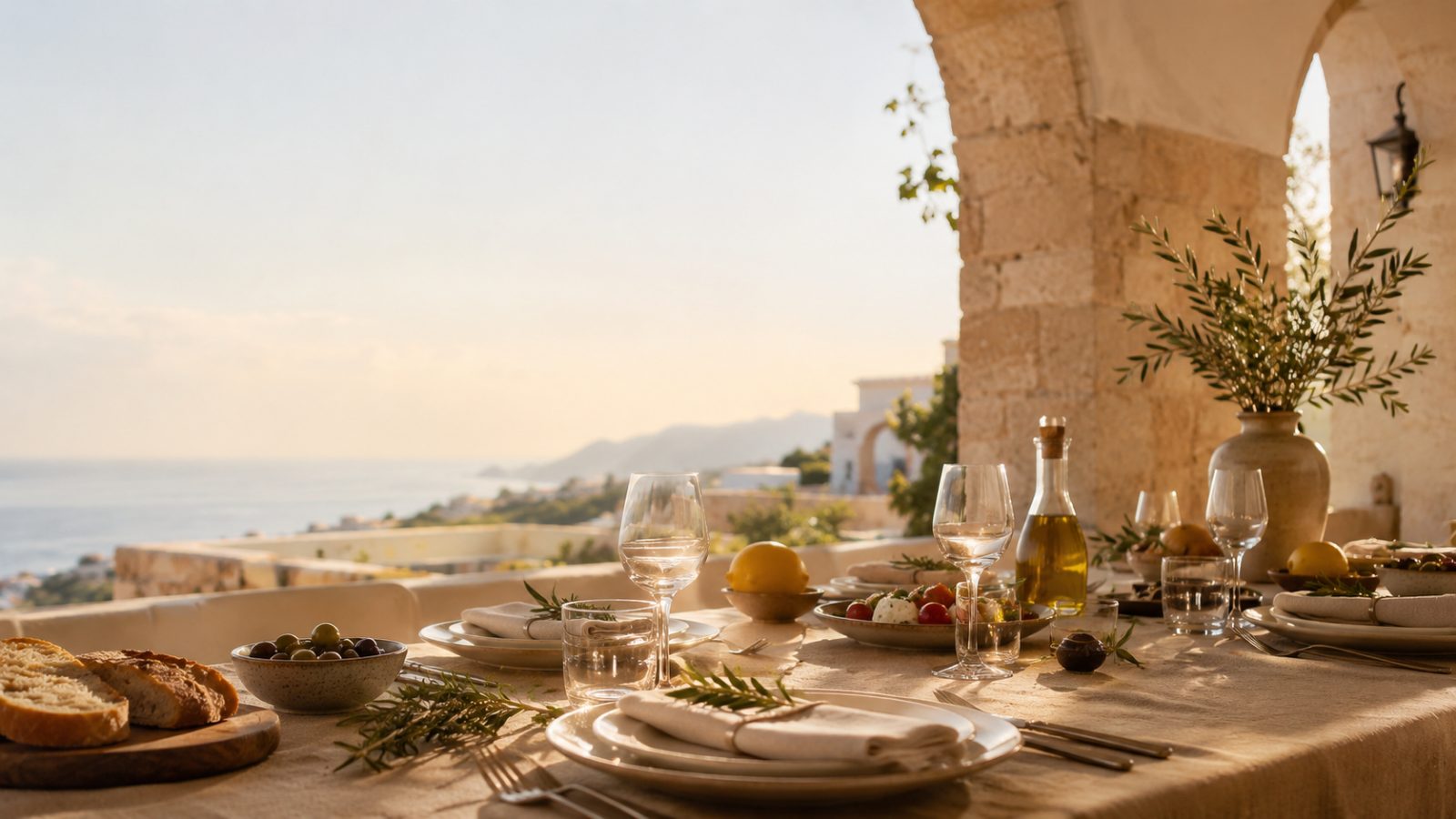 Mediterran gedeckter Tisch mit Meerblick im Abendlicht